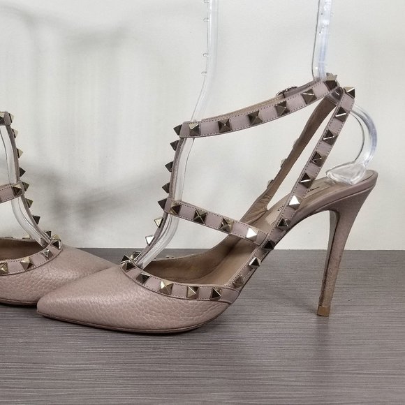 Valentino Rockstud Ankle Strap Pump Poudre Pebbled Leather Womens Size 8.5 /38.5 - Picture 6 of 14
